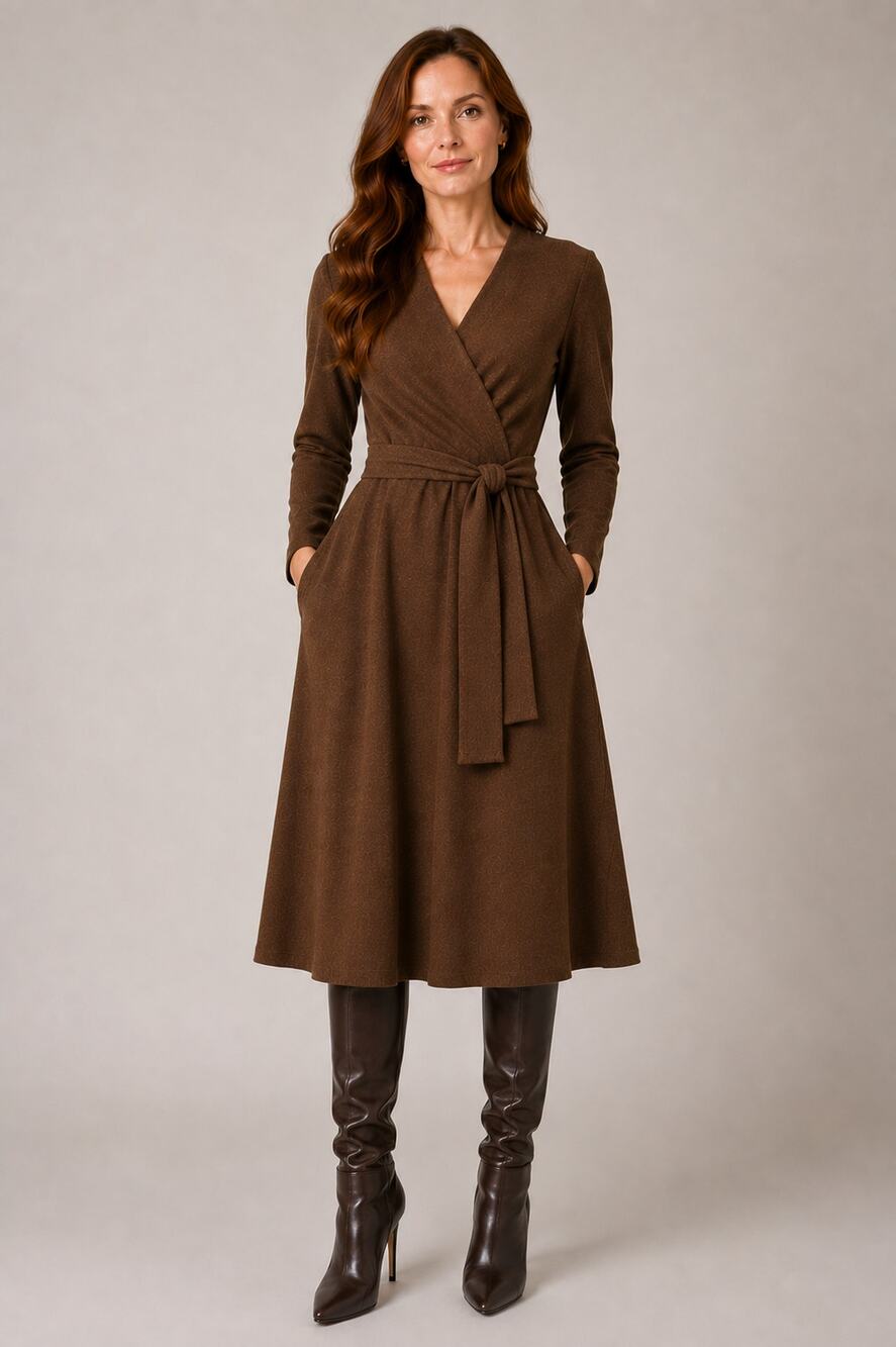 LAFAYETTE 148 w/ Loro Piana Wool Cashmere Wrap Dress XS Midi Brown Soft Luxe